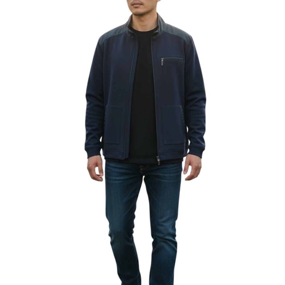 Tasso Elba Navy Zip Sweater Jacket XL • Faux Suede Trim • Coastal Grandfather